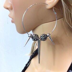 Metal Grunge Rock Spike Silver and Black Beaded Dangle Hoop Earrings